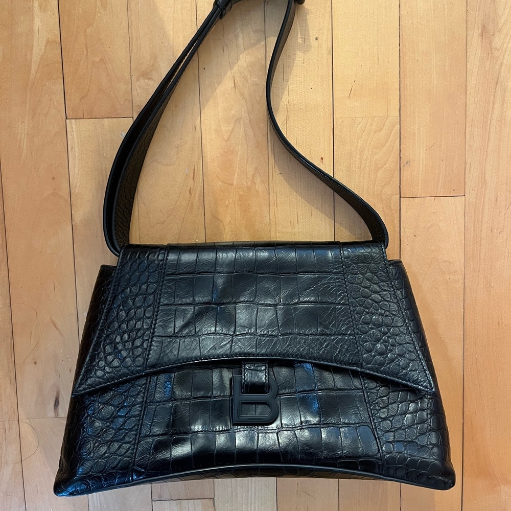 Balenciaga Hourglass Black Croc Shoulder Bag